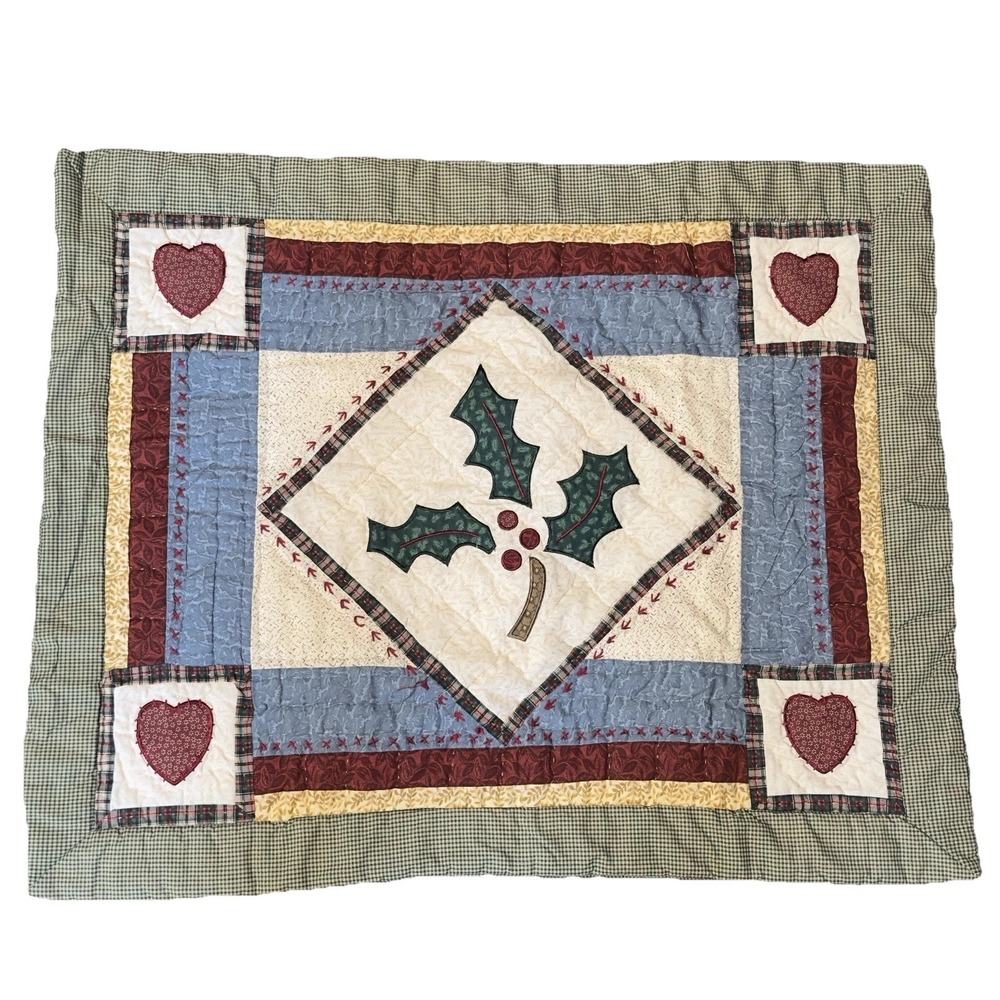 Brittanica Home Patchwork Quilted Pillow Shams Set of 2 Holly Berry Hearts